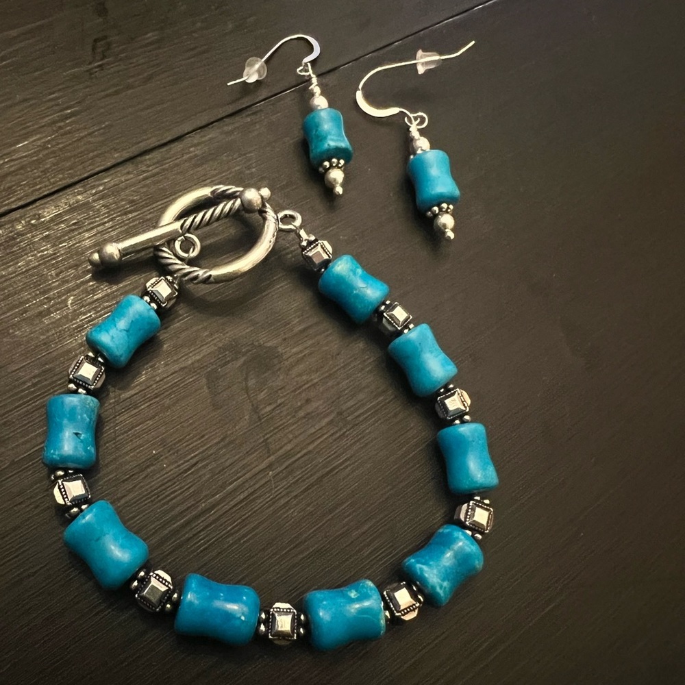 Blue Stone (Turqoise) + Agate Sterling Silver Bracelet and Matching Earrings
